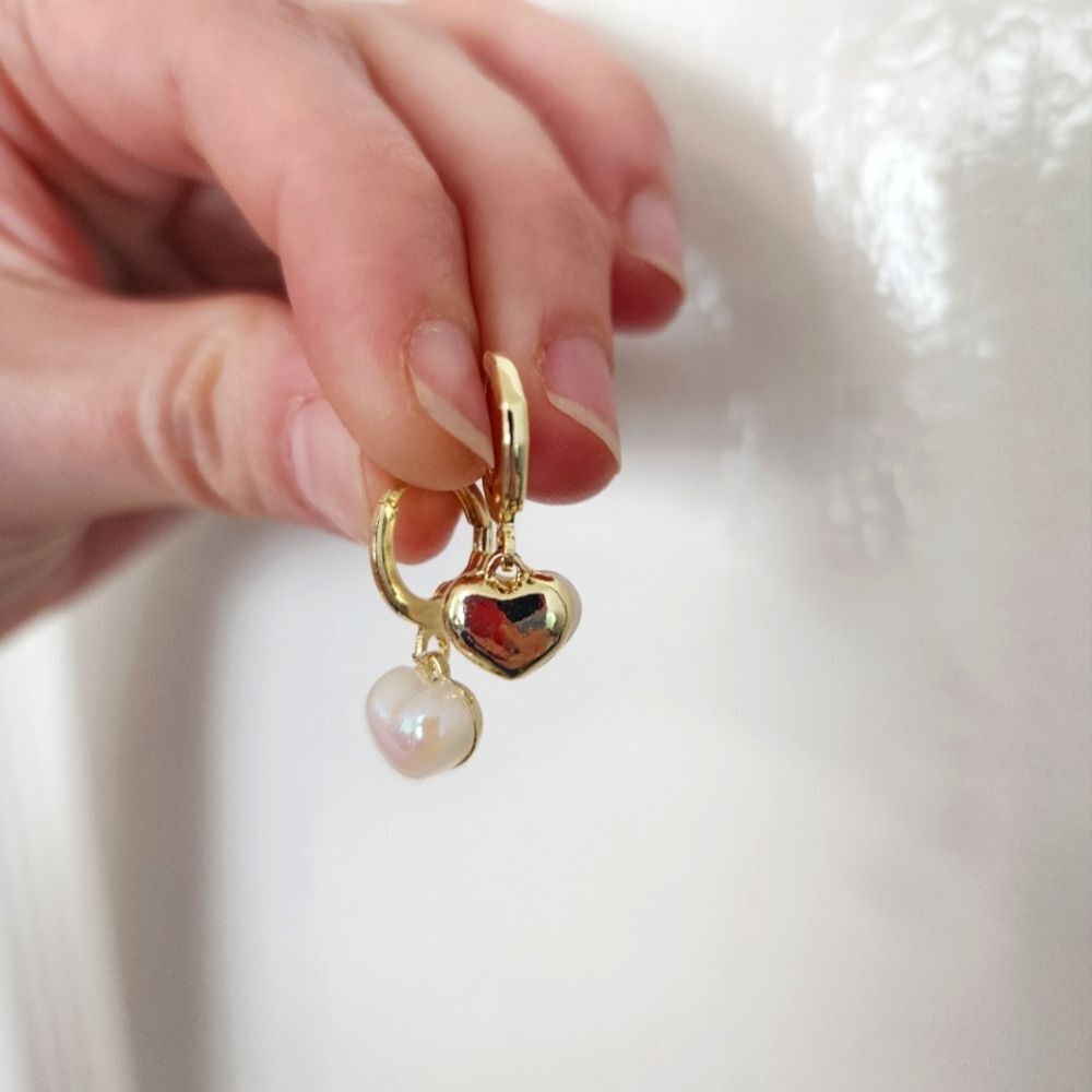 Pearl Heart Charm Earrings in Gold - Picture 7 of 8